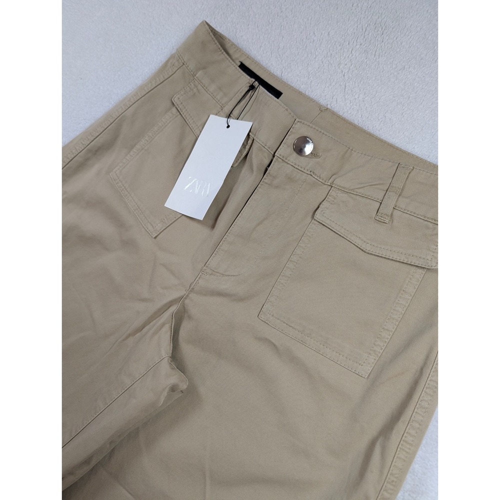 Zara Womens Tan Khaki Wide Leg Utility Pants High Waist Patch Pockets Size S 26